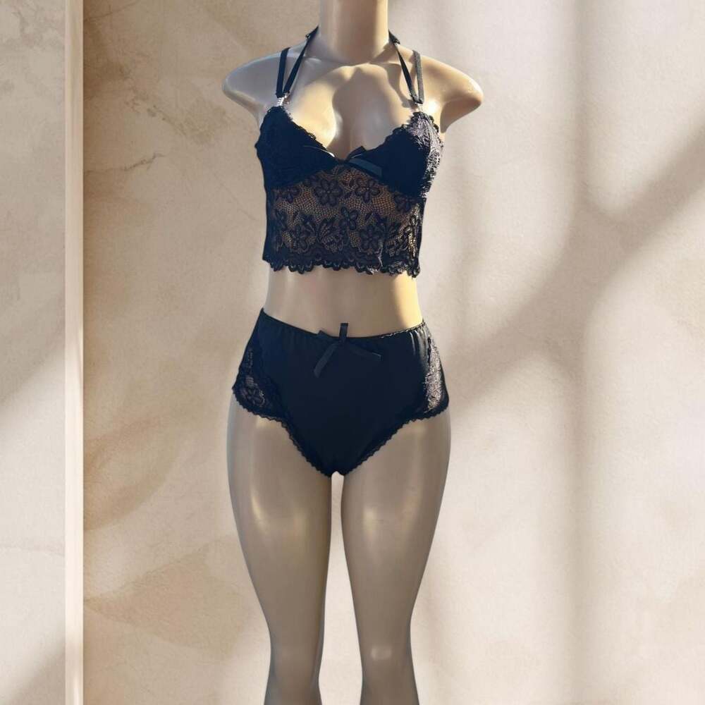 Black Lace Lingerie Set – Bralette, Panty & Sheer Robe 3 Piece Sexy Elegant ✧ M - Picture 4 of 5
